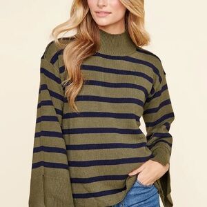 Sugarlips Olive and Black Striped Turtleneck Sweater